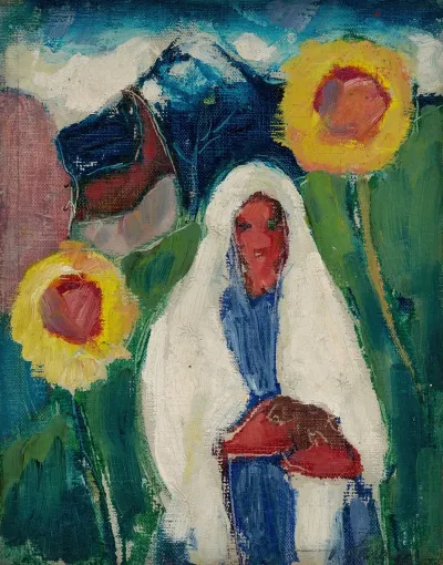 Sketch Of A Woman Among Sunflowers