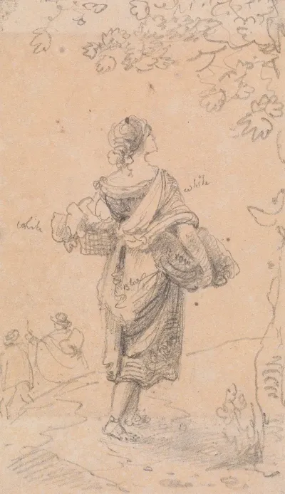 Sketch Of A Woman Carrying A Sack And A Basket