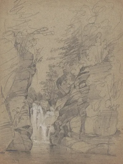 Sketch Of Cascade Visible Between Two Bluffs