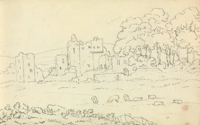 Sketch Of Castle Ruins With Cows Grazing In The Foreground