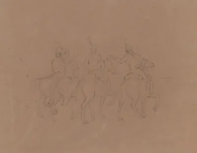 Sketch Of Cavalry On Horseback Seen From The Side And Rear Horses Facing Right Includes A Horse Without A Rider
