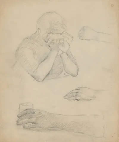 Sketch Of Crying Woman And Detailed Hands Study