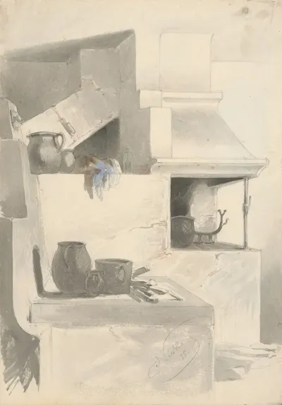 Sketch Of Fireplace With Kitchen Utensils