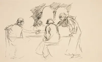 Sketch Of Four Men In Medieval Dress At A Table Unidentified Illustration Possibly For Loves Labours Lost The Kings Quandary