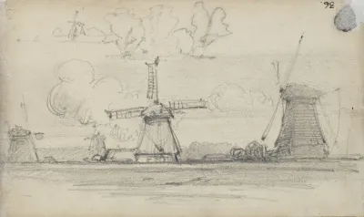Sketch Of Landscape With Windmills