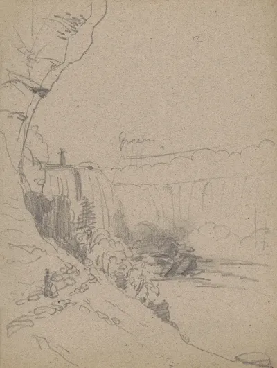 Sketch Of Niagara Falls With A Man And A Woman Walking On A Footpath On Lower Left