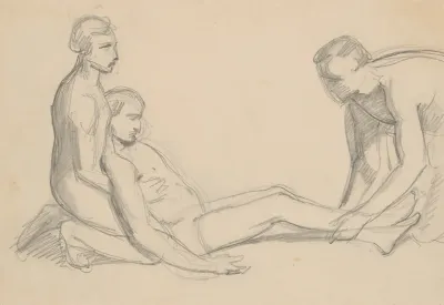 Sketch Of Nude Men To The Scene With Nicodemus And Joseph Of Arimathea Supporting The Dead Body Of Christ To The Painting Entombment