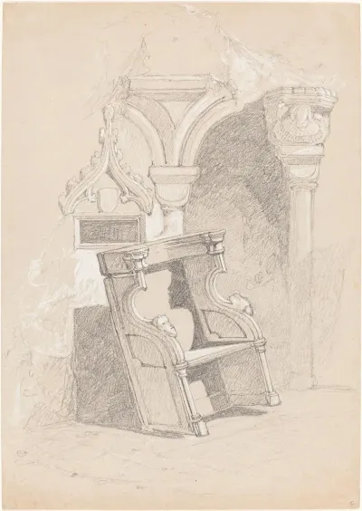 Sketch Of Ruined Church Interior With Chair