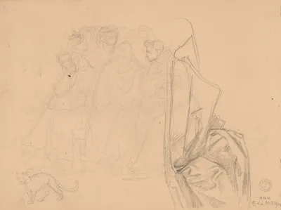 Sketch Of Three Monks Sitting Side By Side
