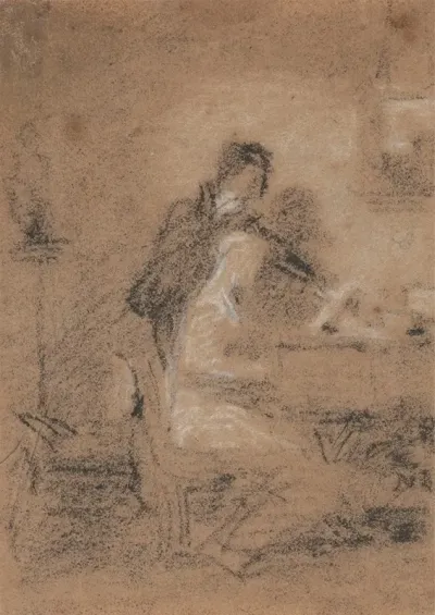 Sketch Of Two Figures In An Interior One Seated One Standing