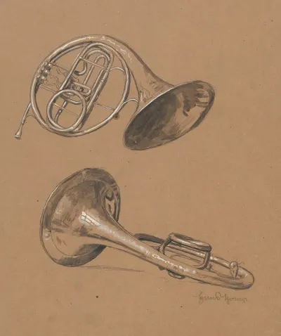 Sketch Of Two French Horns