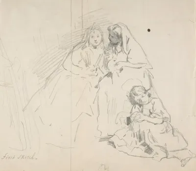 Sketch Of Two Seated Women With Young Girl Sitting At Their Feet