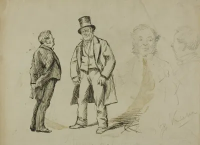 Sketch Of Two Standing Men And Two Portaits