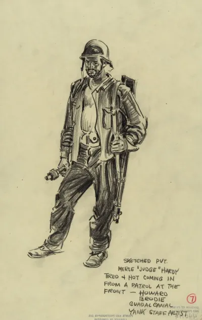 Sketched Pvt Merle Judge Hardy Tired Hot Coming In From A Patrol At The Front