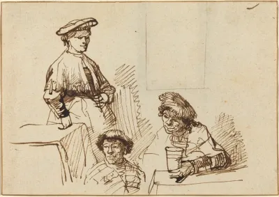 Sketches From A Tavern Woman Standing And Two Men Seated