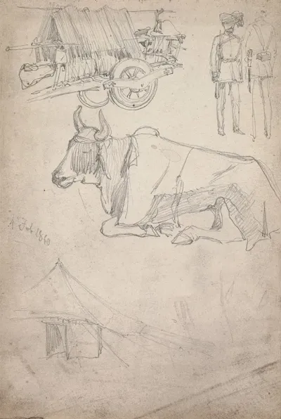 Sketches Of A Cart Soldiers And An Ox