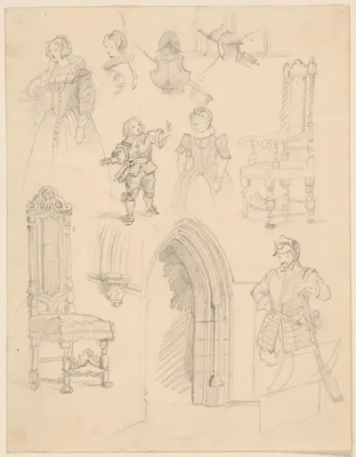 Sketches Of Baroque Costumes And Furniture And Gothic Architectural Details