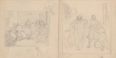 Sketches Of Figural Compositions The Scene Inside A Manor House And The Scene With A Diviner