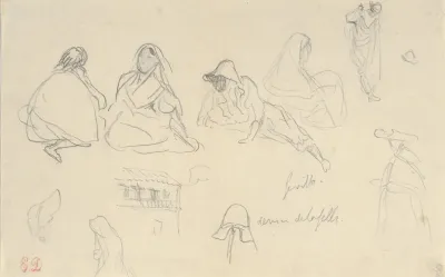 Sketches Of Figures And A Tile Roofed Building Seville Spain