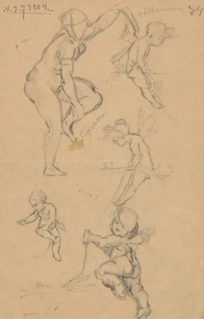 Sketches Of Four Puttos And A Nude Woman
