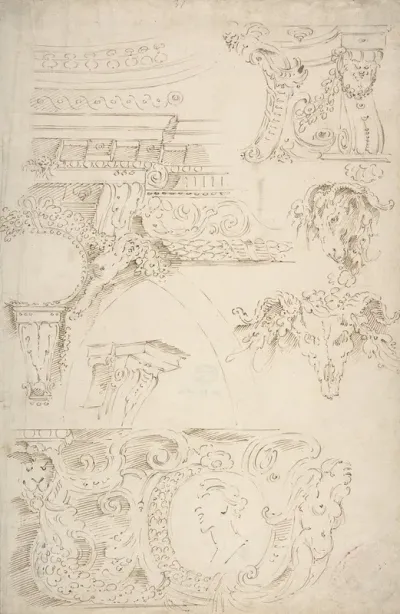 Sketches Of Sculptured Decoration Entablatures And A Frieze With Human Animal And Floral Ornaments