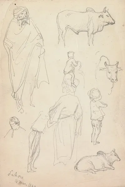 Sketches Of Standing Figures And Bulls Lahore