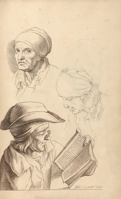 Sketches Of Two Heads And A Man Reading A Book