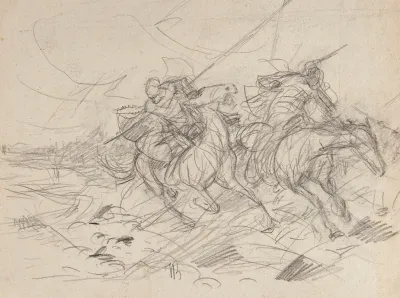Skirmish Between Two Galloping Riders Sketch For The Painting On The Trail
