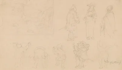 Skizzenblatt Mit 8 Figurenskizzen Darunter Gnome Sowie Gartenkomposition Mit Tor Haus Hund Und Baumen