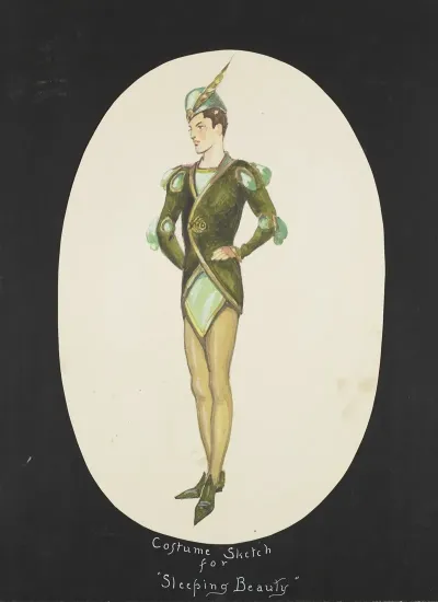 Sleeping Beauty Green Coat Over Light Green Tunic Mustard Hose And Pointed Green Slippers