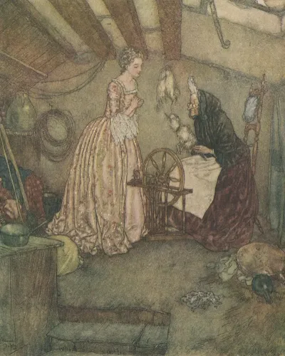 Sleeping Beauty Watching An Old Woman Spin