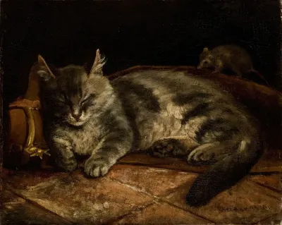 Sleeping Grey Cat And A Rat