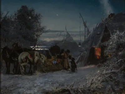 Sleigh In Front Of A Hut At Night