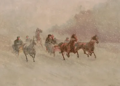 Sleighs Pulled By Horses Running Through Snow After F M Lamb