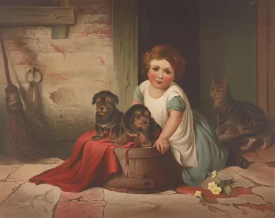 Small Girl Leaning Against An Overturned Wash Tub On Which Two Puppies Have Been Placed