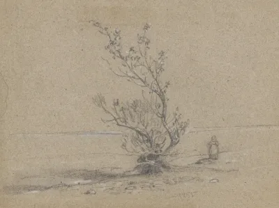 Small Girl Standing Next To A Cluster Of Trees At The Edge Of The Delaware River