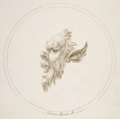Small Grotesque Head Looking To The Left Within A Circle