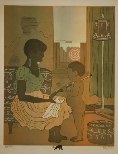 Smiling Black Mother With Child Holding Gun
