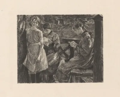 Smiling Girl Standing In Front Of Two Embroidering Young Women