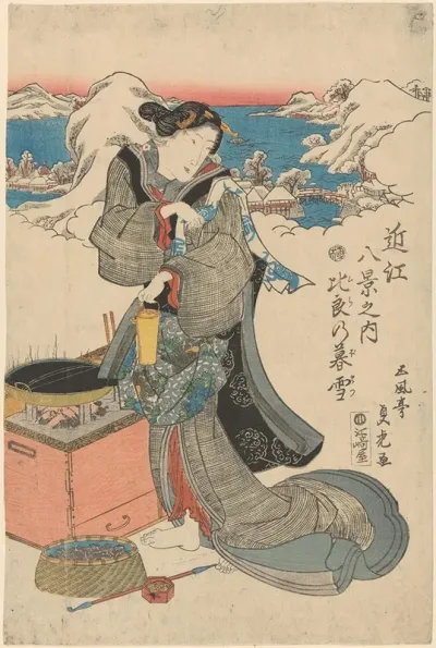 Snow Scene Woman Preparing Tea In Foreground