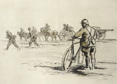 Soldat A Bicyclette Regardant Passer Un Convoi