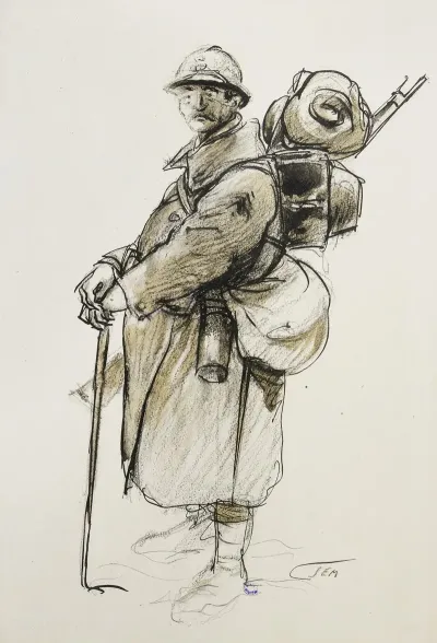 Soldat Appuye Sur Un Baton
