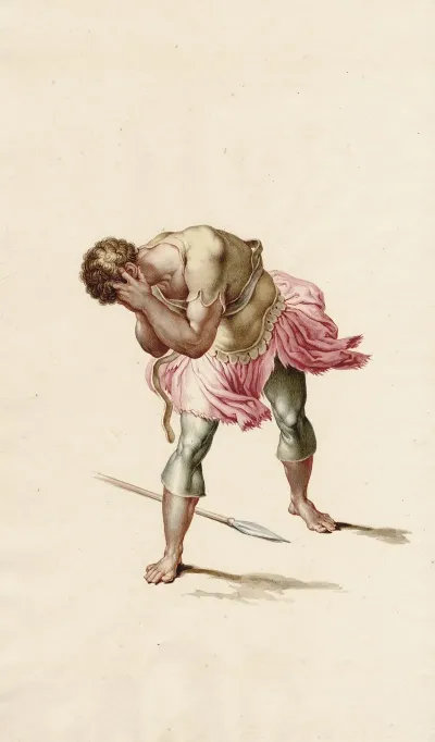 Soldier Bending Forward Burying His Face In His Hands Detail From The Conversion Of Paul