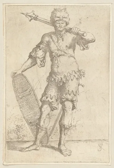 Soldier En Face Shouldering A Pike And Holding A Shield