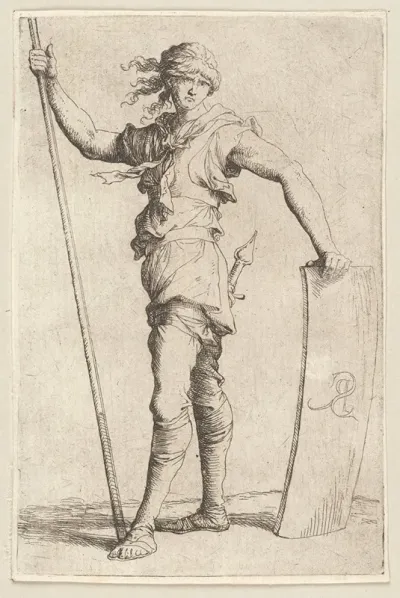 Soldier Holding A Cane And His Shield Facing Left