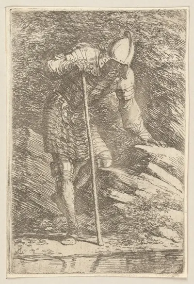 Soldier In Helmet And Armor Regarding A Stream