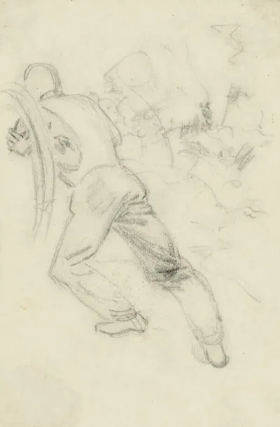 Soldier Pushing Against A Stuck Wagon Wheel