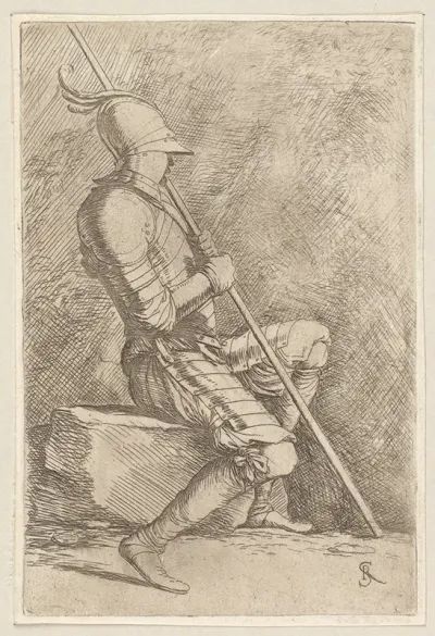 Soldier Seated In A Helmet Holding A Cane