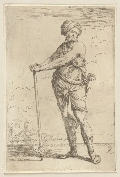 Soldier Standing Holding A Pike With Both Hands