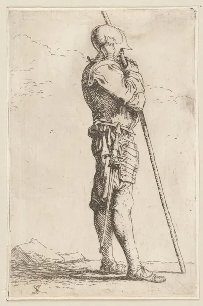 Soldier Supported By A Long Cane Facing Right